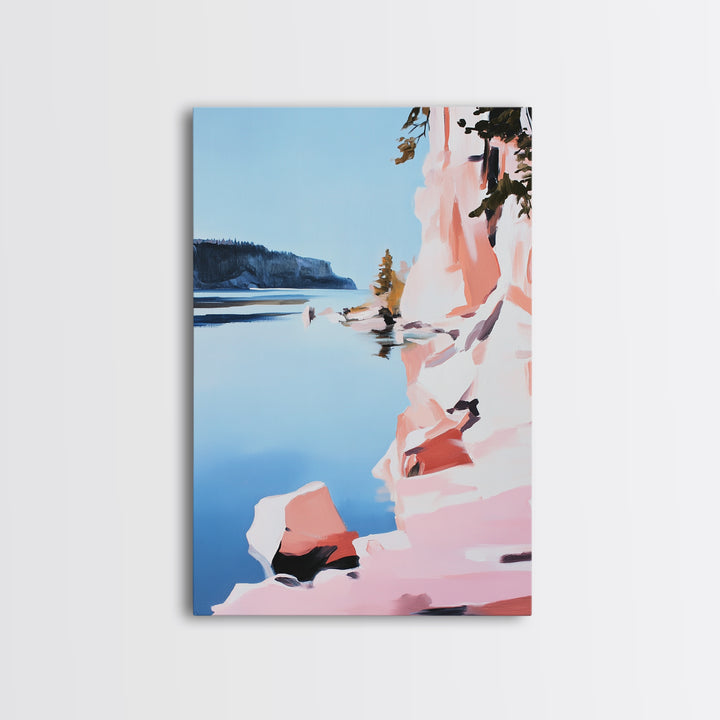 Cliffs, Water, Trees, Reflection, Framed Canvas Print, Nature Wall Art, Mountain Aesthetic, Lakehouse Decor, Minimalist Landscape