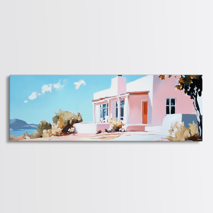 Coastal House, Summer Art, Beach Landscape, Framed Canvas Print, Mediterranean Wall Art, Minimalist Painting, Living Room Decoran Waves