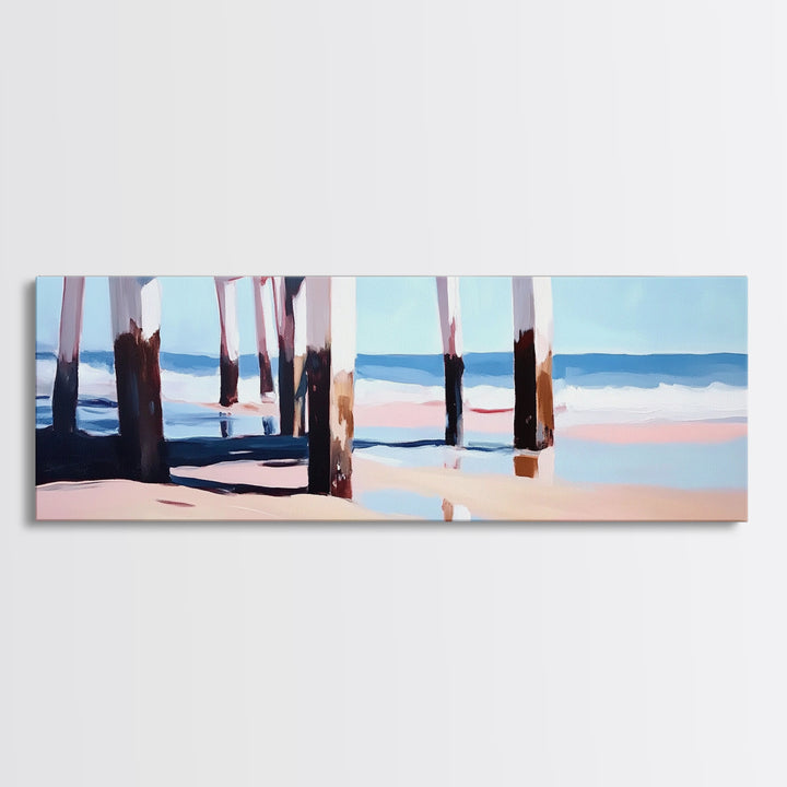 Beach Pier, Ocean Waves, Coastal View, Framed Canvas Print, Nautical Wall Art, Seaside Decor, Minimalist Beach House Art, Blue