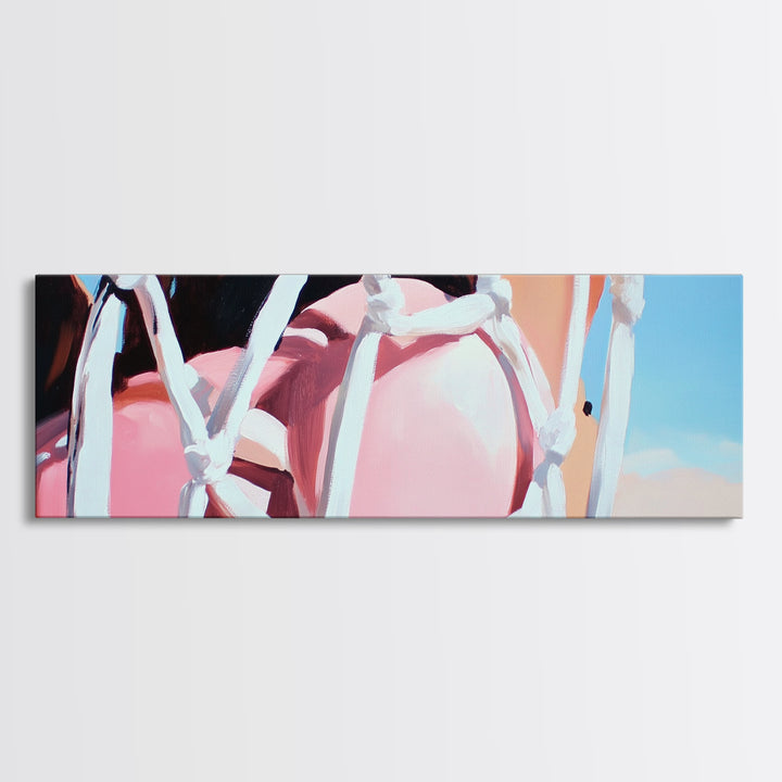 Rope Swing, Woman in Pink, Sunlit Sky, Framed Canvas Print, Summer Wall Art, Minimalist Decor, Feminine Aesthetic, Boho Art