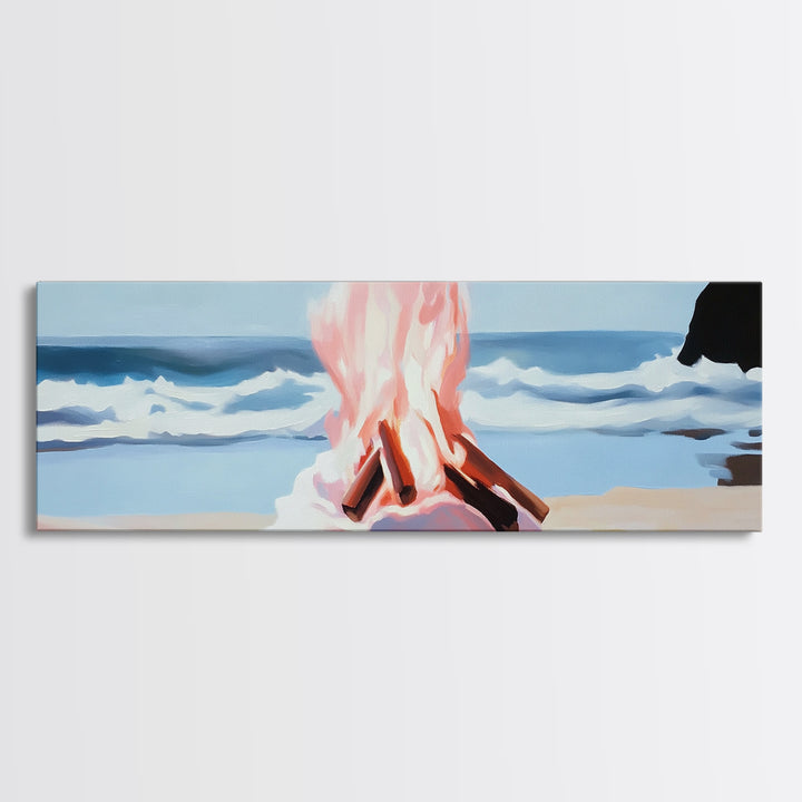 Beach Bonfire, Ocean Fire, Coastal Campfire, Framed Canvas Print, Seaside Night Art, Relaxing Summer Scene, Nautical Wall Decor
