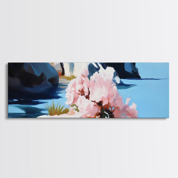 Blossoming Coast, Floral Wall Art, Living Room Decor, Canvas Print, Nature-Inspired Artwork, Coastal Aesthetic, Spring Botanical Art