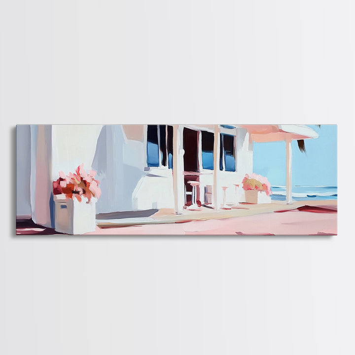 Coastal Café, Beachfront House, Ocean Breeze, Minimalist Canvas Print, Living Room Wall Art, Nautical Home Decor, Modern Coastal Art