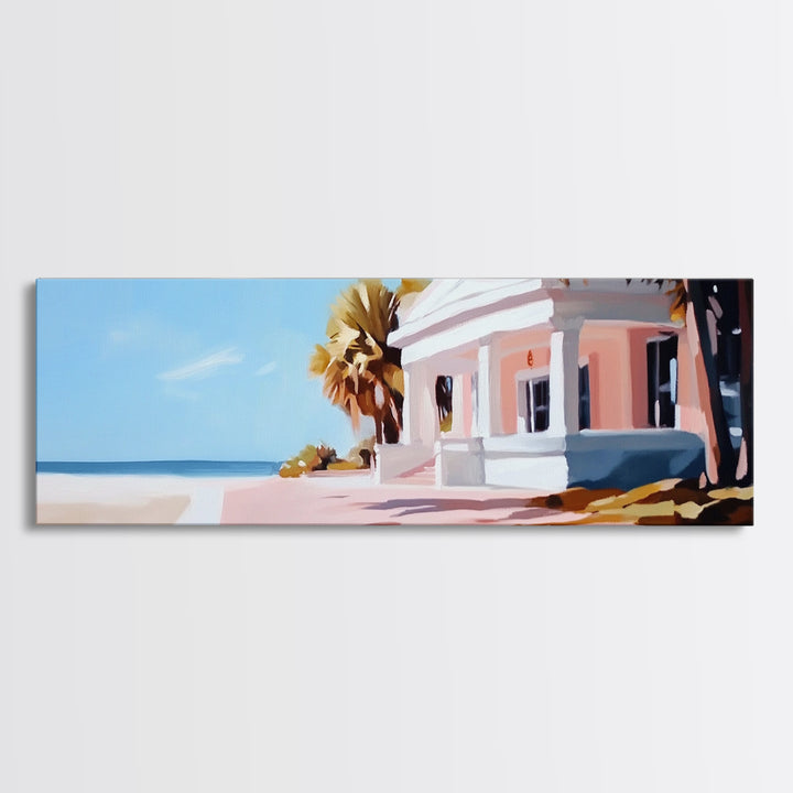 Beach House, Coastal Art, Modern Seascape, Framed Canvas Print, Living Room Wall Art, Pastel Ocean, Minimalist Decor, Nautical Home