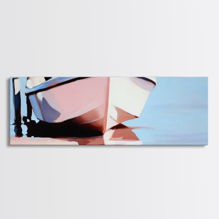 Docked Boat, Nautical Charm, Maritime Art, Framed Canvas Print, Coastal Living Room Decor, Beach House Wall Art, Ocean Painting