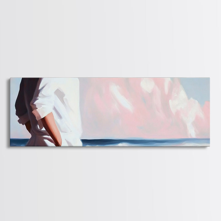 Beach Walk, Ocean Breeze, Pastel Sky, Dreamy Coastal Art, Soft Feminine Aesthetic, Framed Canvas Print, Bedroom Wall Art, Minimalist Decor