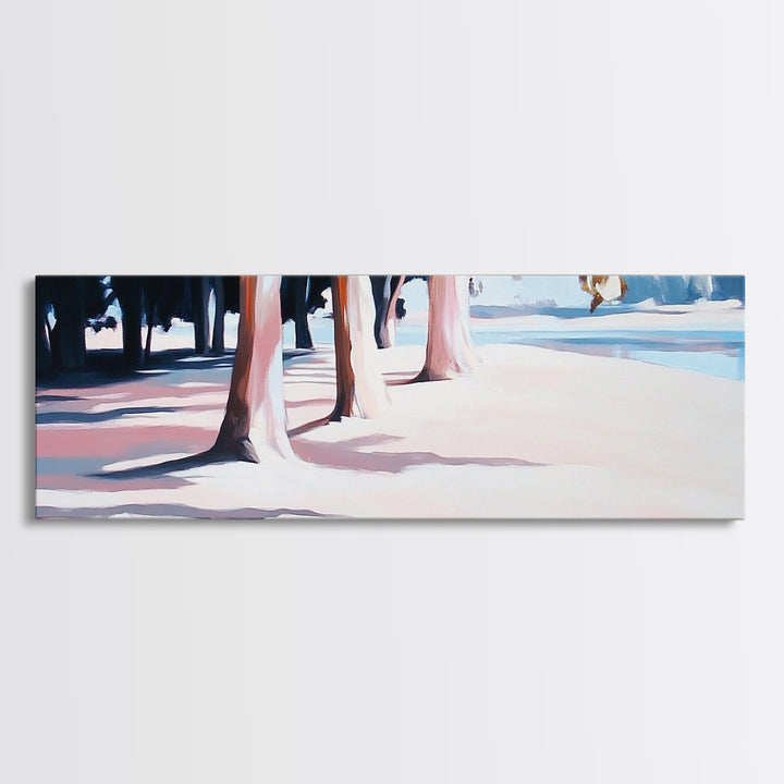 Beach Trees, Sunset Glow, Seaside Landscape, Coastal Art, Pastel Aesthetic, Framed Canvas Print, Living Room Art, Serene Escape