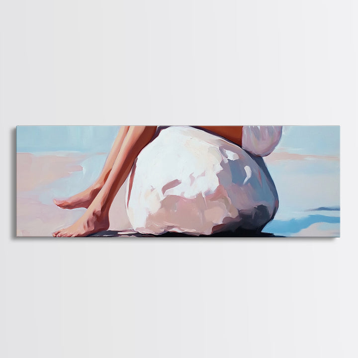 Beach Serenity, Woman Relaxing, Coastal Aesthetic, Framed Canvas Print, Minimalist Art, Boho Decor, Bedroom Wall Art, Summer Art
