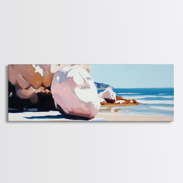 Beach Boulders, Coastal Landscape, Tranquil Escape, Framed Canvas Print, Ocean Wall Art, Boho Decor, Relaxing Seaside Painting