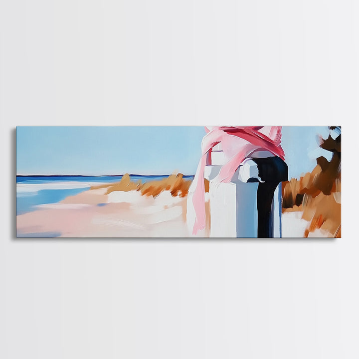 Coastal Fence Art, Beach Landscape Print, Pastel Ocean Painting, Minimalist Seaside Decor, Large Canvas Print, Modern Home Wall Art