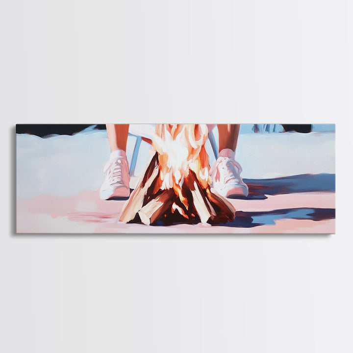 Campfire Scene, Autumn Night Art, Outdoor Adventure, Canvas Print, Rustic Home Decor, Cozy Warmth, Minimalist Fire Painting