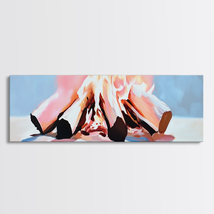 Burning Logs, Cozy Fireplace Art, Rustic Home Wall Decor, Framed Canvas Print, Warm Tones, Cabin Aesthetic, Relaxing Fire Art