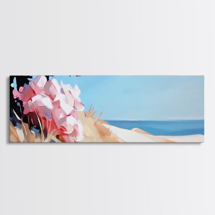 Beach Flowers, Coastal Blossoms, Summer Landscape, Framed Canvas Print, Boho Wall Art, Seaside Painting, Nature Home Decor