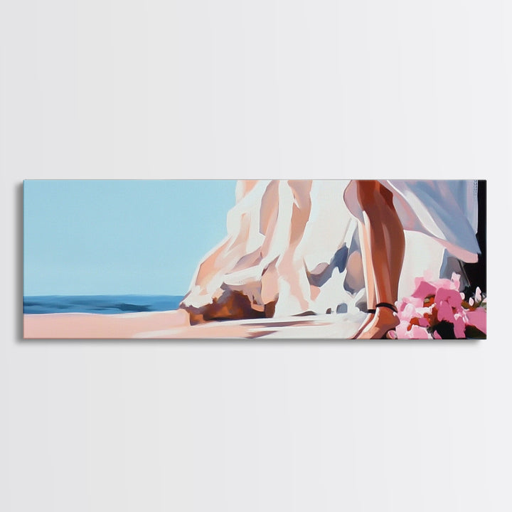 Bride by Cliffs, Wedding Wall Art, Coastal Painting, Feminine Seascape, Elegant Home Decor, Framed Canvas Print, Bedroom Aesthetic