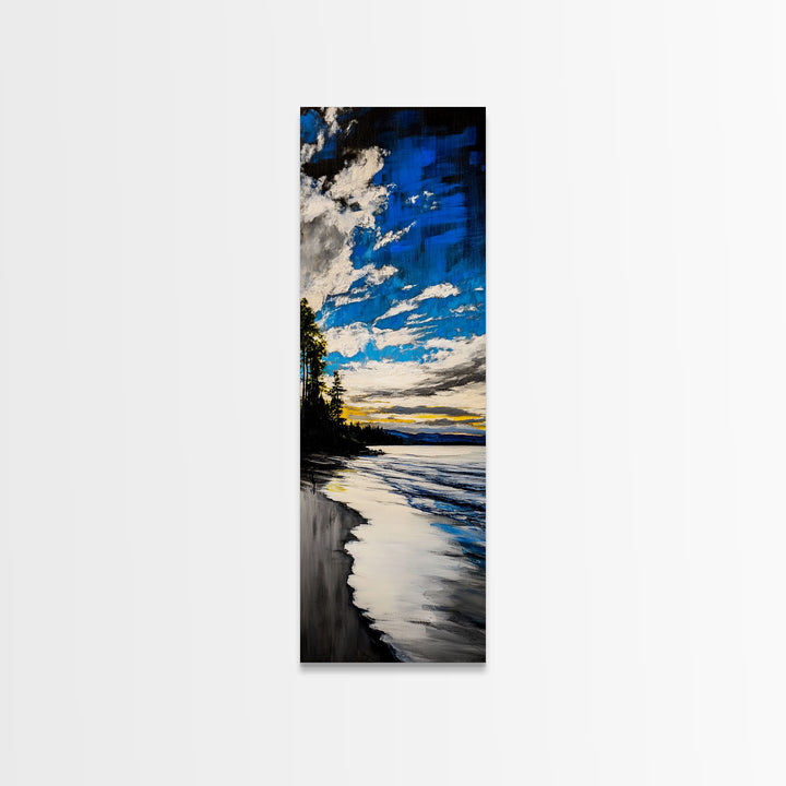 Ocean Sunset View, Coastal Landscape Painting, Blue Sky Wall Art, Beach House Decor, Minimalist Seascape Print, Canvas Print