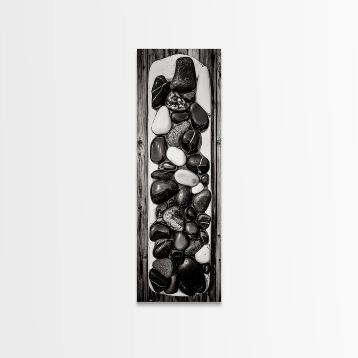 Black and White Stones, Minimalist Rock Art, Rustic Home Decor, Natural Texture Print, Modern Zen Wall Art, Framed Canvas Print