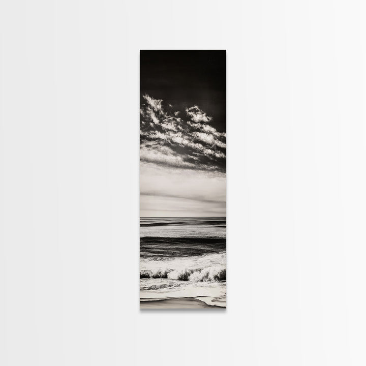 Ocean Horizon, Black and White, Cloudy Sky, Canvas Print, Coastal Wall Art, Minimalist Seascape, Modern Living Room Decor, Nautical Art
