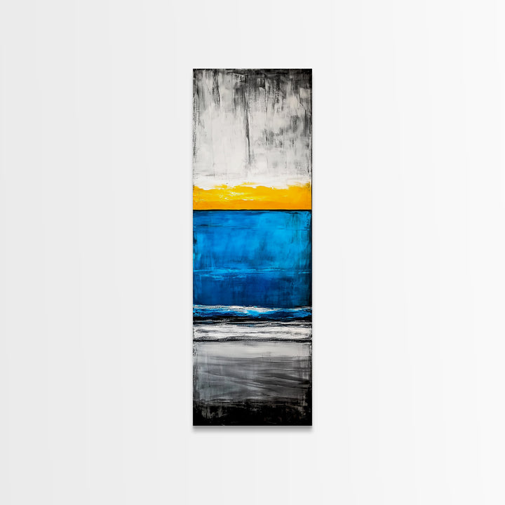 Sunset, Ocean, Waves, Framed Canvas Print, Coastal Wall Art, Modern Beach Decor, Blue and Yellow Abstract, Large Statement Art