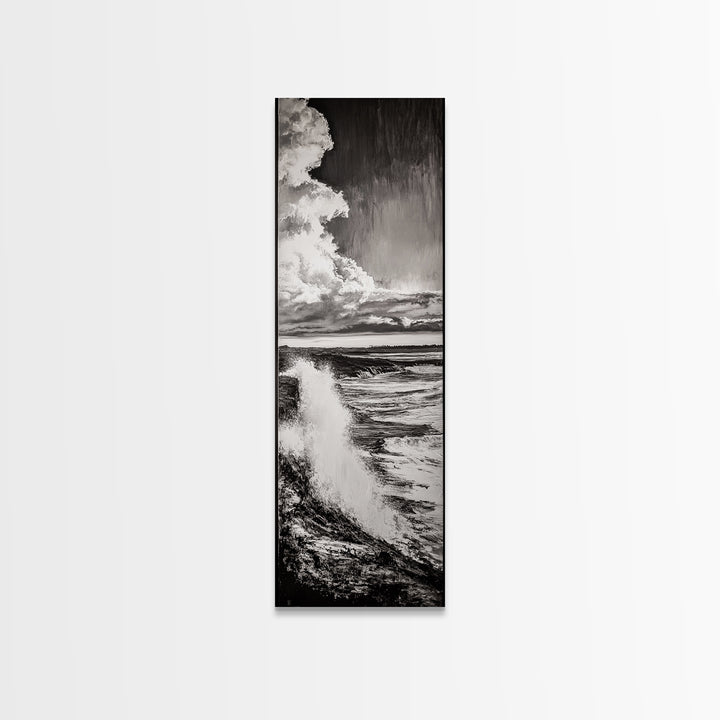 Ocean Power, Wave Crash, Coastal Landscape, Dramatic Seascape, Framed Canvas Print, Black and White Wall Art, Beach House Decor