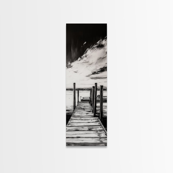 Wooden Dock, Black and White Lake Art, Rustic Cabin Wall Decor, Peaceful Waterfront Scene, Minimalist Landscape, Canvas Print