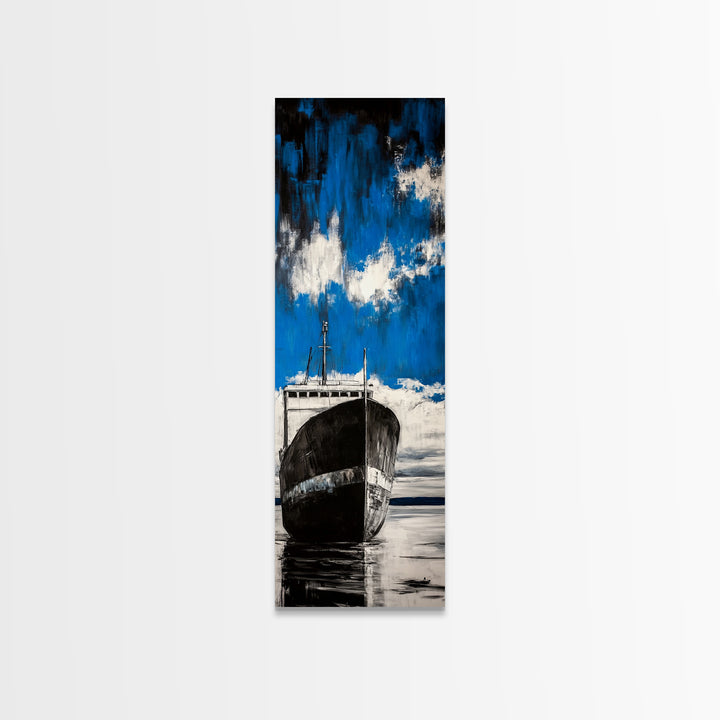 Abandoned Ship, Nautical Artwork, Abstract Seascape, Canvas Print, Coastal Wall Art, Blue Black Art, Living Room Decor, Ocean Painting