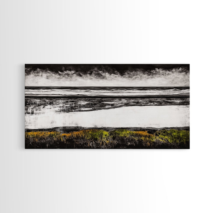 Coastal Horizon, Black and White Beach, Minimalist Seascape, Monochrome Art, Nature Inspired, Framed Canvas Print, Office Wall Decor
