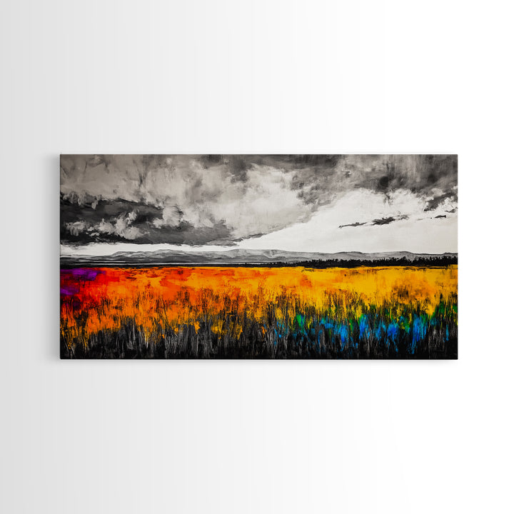 Autumn Meadow, Stormy Sky, Vibrant Fields, Framed Canvas Print, Fall Wall Art, Modern Landscape, Office Decor, Large Wall Art, Farmhouse