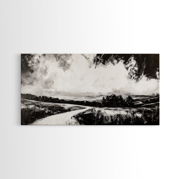 Country Road, Black and White, Minimalist, Framed Canvas Print, Rustic Landscape, Entryway Wall Art, Neutral Wall Decor, Farmhouse Style
