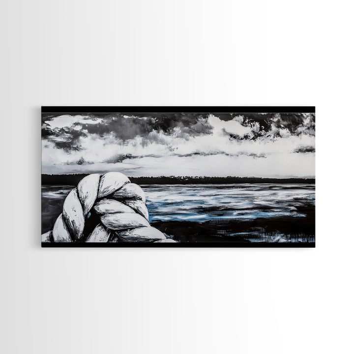 Nautical Art, Coastal Rope, Black and White, Framed Canvas Print, Beach House Decor, Minimalist Wall Art, Modern Ocean Painting