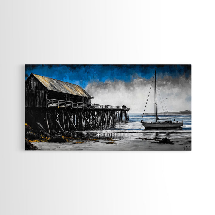 Pier and Boat, Seaside Wall Art, Coastal Landscape, Framed Canvas Print, Nautical Home Decor, Large Artwork, Ocean Painting