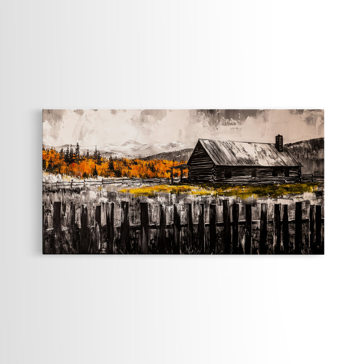 Rustic Cabin, Fall Foliage, Country Home Art, Canvas Print, Autumn Wall Decor, Farmhouse Wall Art, Cozy Living Room Art