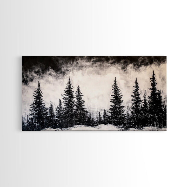 Pine Trees, Fog, Winter, Black and White, Framed Canvas Print, Mountain Art, Rustic Cabin Decor, Christmas Gift, Minimalist Home Wall Art