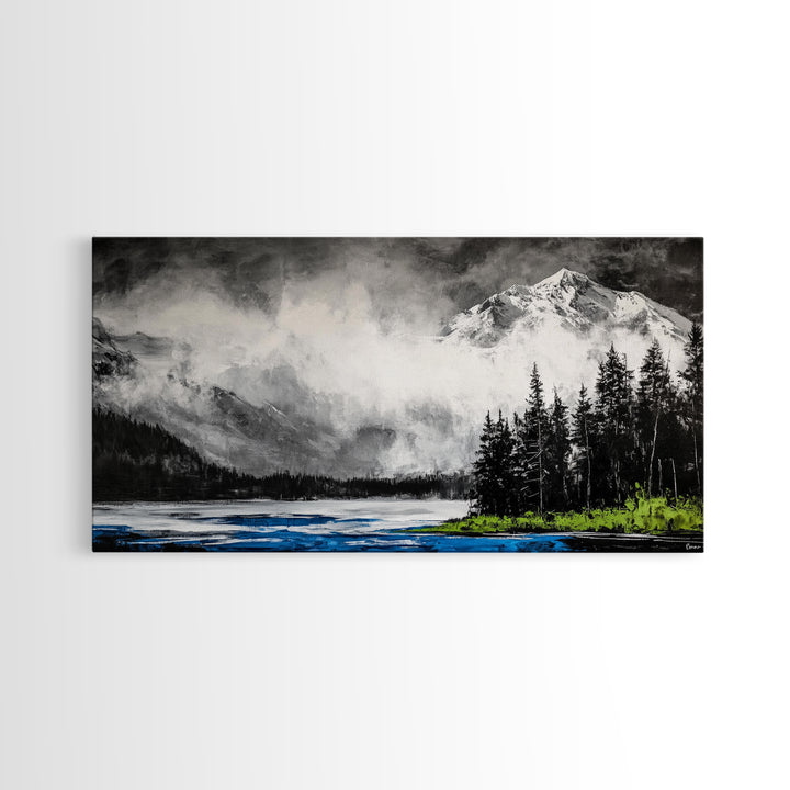 Snowy Mountains, Misty, Forest, Black and White, Canvas Print, Rustic Cabin Decor, Winter Wall Art, Nature Home Decor, Living Room Art