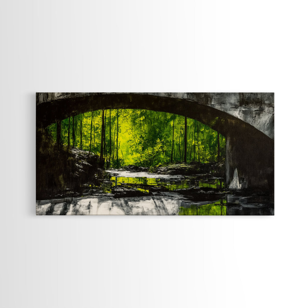 Forest Bridge, Green Nature Art, Canvas Print, Moody Landscape Painting, Rustic Wall Decor, Dark Green Art, Bedroom Wall Art