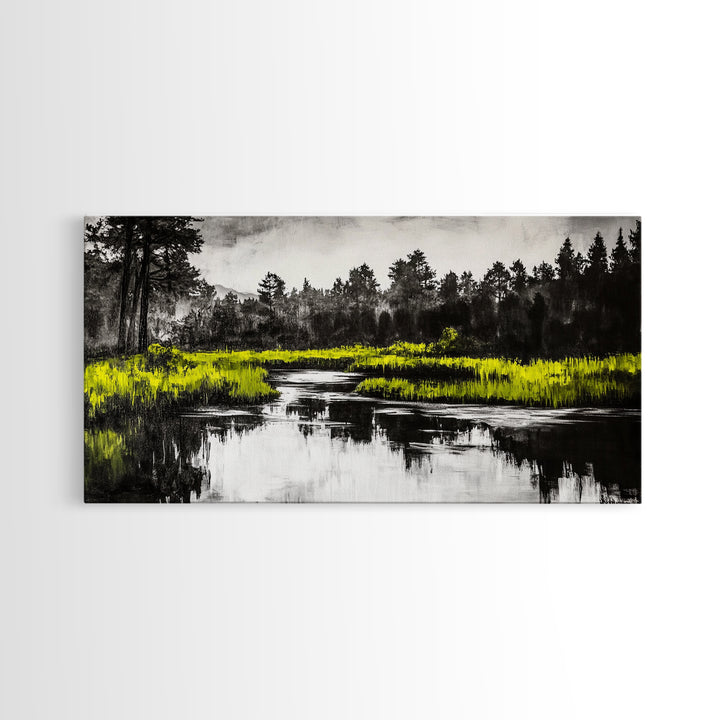River Reflection, Minimalist Nature Art, Framed Canvas Print, Black and White Landscape, Modern Wall Decor, Office Wall Art