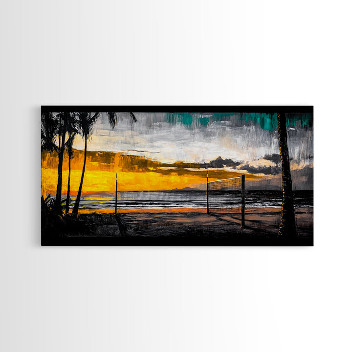 Beach Volleyball, Sunset Seascape, Warm Coastal Decor, Tropical Wall Art, Living Room Artwork, Golden Hour Beach Scene, Framed Canvas Print