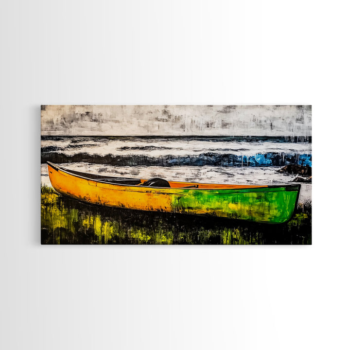 Canoe on the Shore, Rustic Nature Canvas Print, Lake House Wall Art, Autumn Painting, Outdoors Inspired Decor, Framed Canvas Print