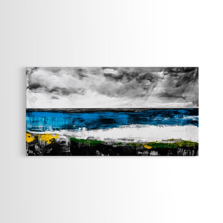 Abstract Coastal Art, Blue and Yellow Canvas Print, Modern Seascape Wall Decor, Ocean Painting, Living Room Artwork, Framed Canvas Print
