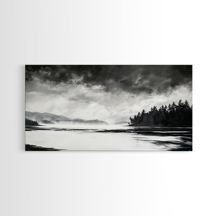 Monochrome Landscape Art, Misty Lake Canvas Print, Nature Wall Decor, Black and White Painting, Living Room Artwork, Framed Canvas Print