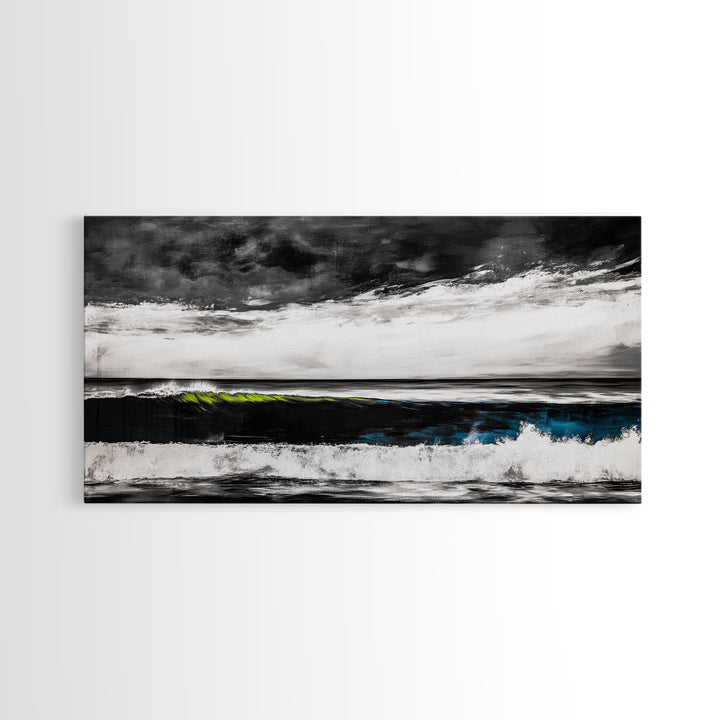 Ocean Wave Painting, Black and White Print, Modern Coastal Wall Decor, Seascape Art, Nautical Home Aesthetic, Framed Canvas Print