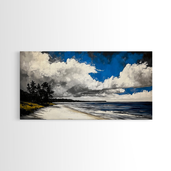 Dramatic Beach Scene, Blue Sky Canvas Print, Coastal Landscape Painting, Nature Wall Decor, Living Room Artwork, Framed Canvas Print