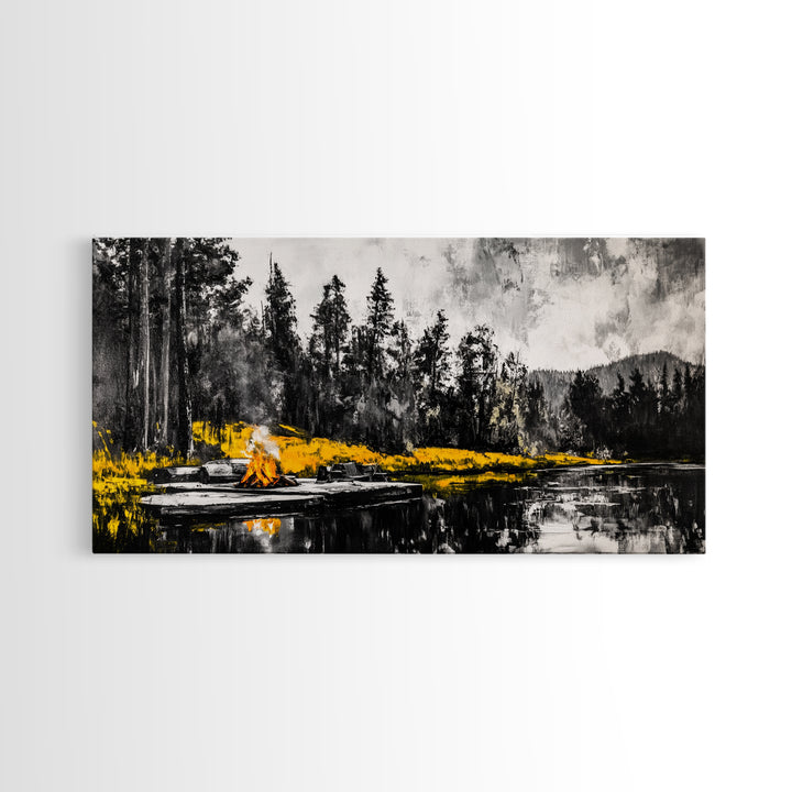 Campfire Forest Painting, Black and White Canvas Print, Nature Wall Decor, Cozy Cabin Artwork, Autumn Inspired Art, Framed Canvas Print