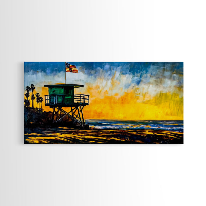 Lifeguard Tower, Sunset, Coast, Framed Canvas Print, California Beach Wall Art, Surf Decor, Vibrant Seaside Art, Coastal Home Decor