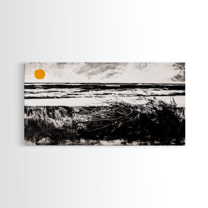 Coastal, Minimalist, Black and White, Framed Canvas Print, Ocean Sunset Wall Art, Beach House Decor, Nautical Artwork, Serene Seascape