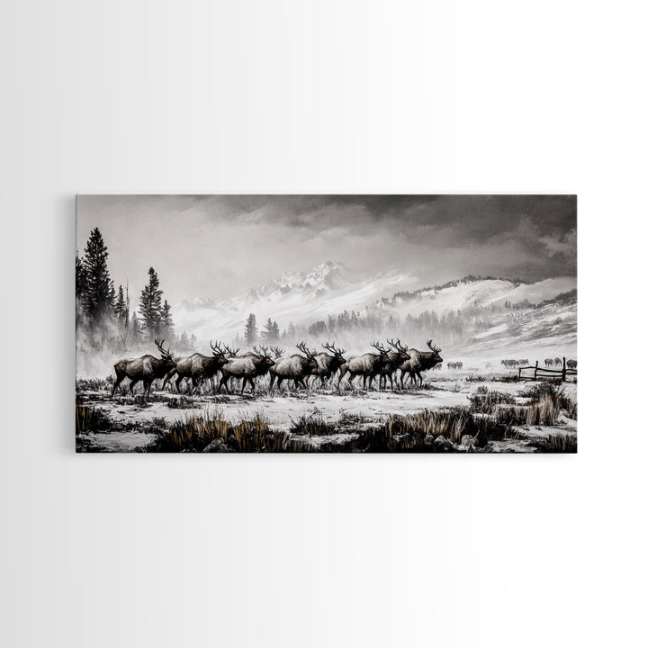 Elk, Wildlife, Mountain, Framed Canvas Print, Rustic Lodge Art, Winter Nature Scene, Cabin Wall Decor, Hunting Artwork, Western Aesthetic