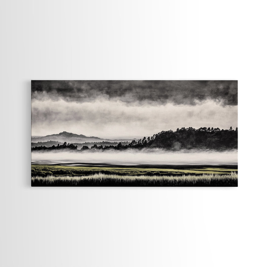 Misty Mountains, Black and White Art, Foggy Landscape, Canvas Print, Nature Wall Art, Minimalist Artwork, Bedroom Wall Decor