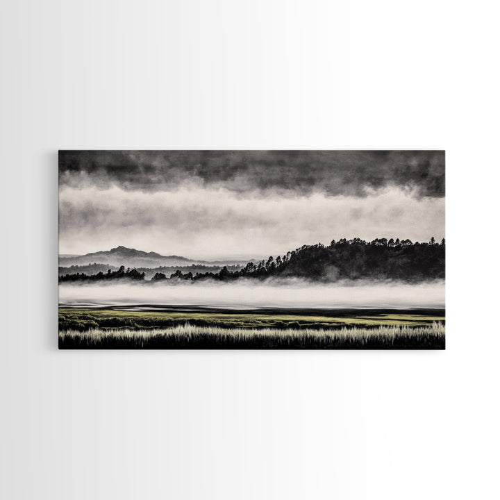 Misty Mountains, Black and White Art, Foggy Landscape, Canvas Print, Nature Wall Art, Minimalist Artwork, Bedroom Wall Decor