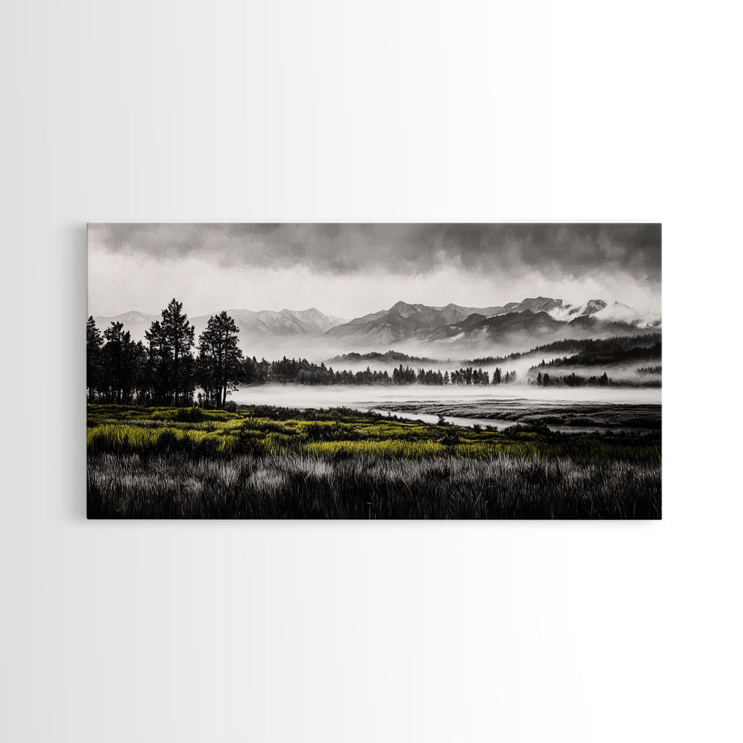 Foggy Forest, Mountain Landscape, Monochrome Wall Art, Framed Canvas Print, Modern Home Decor, Living Room Artwork, Nature Print