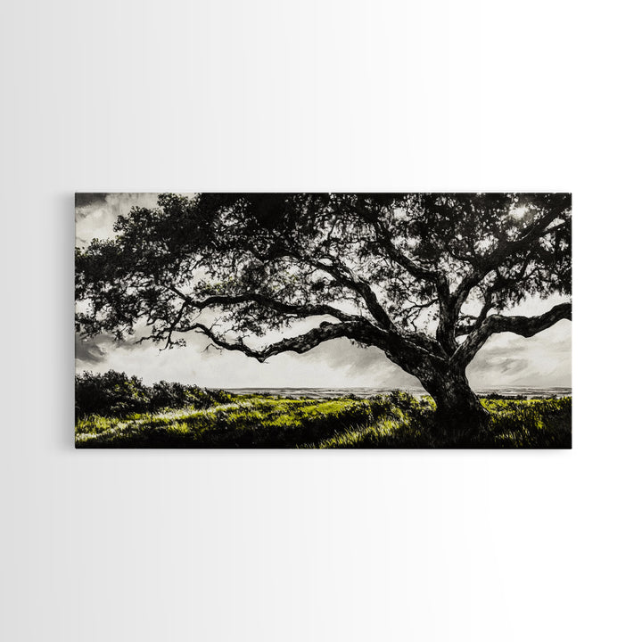 Oak Tree, Scenic Meadow, Black and White Landscape, Framed Canvas Print, Nature Wall Art, Large Canvas Artwork, Living Room Decor