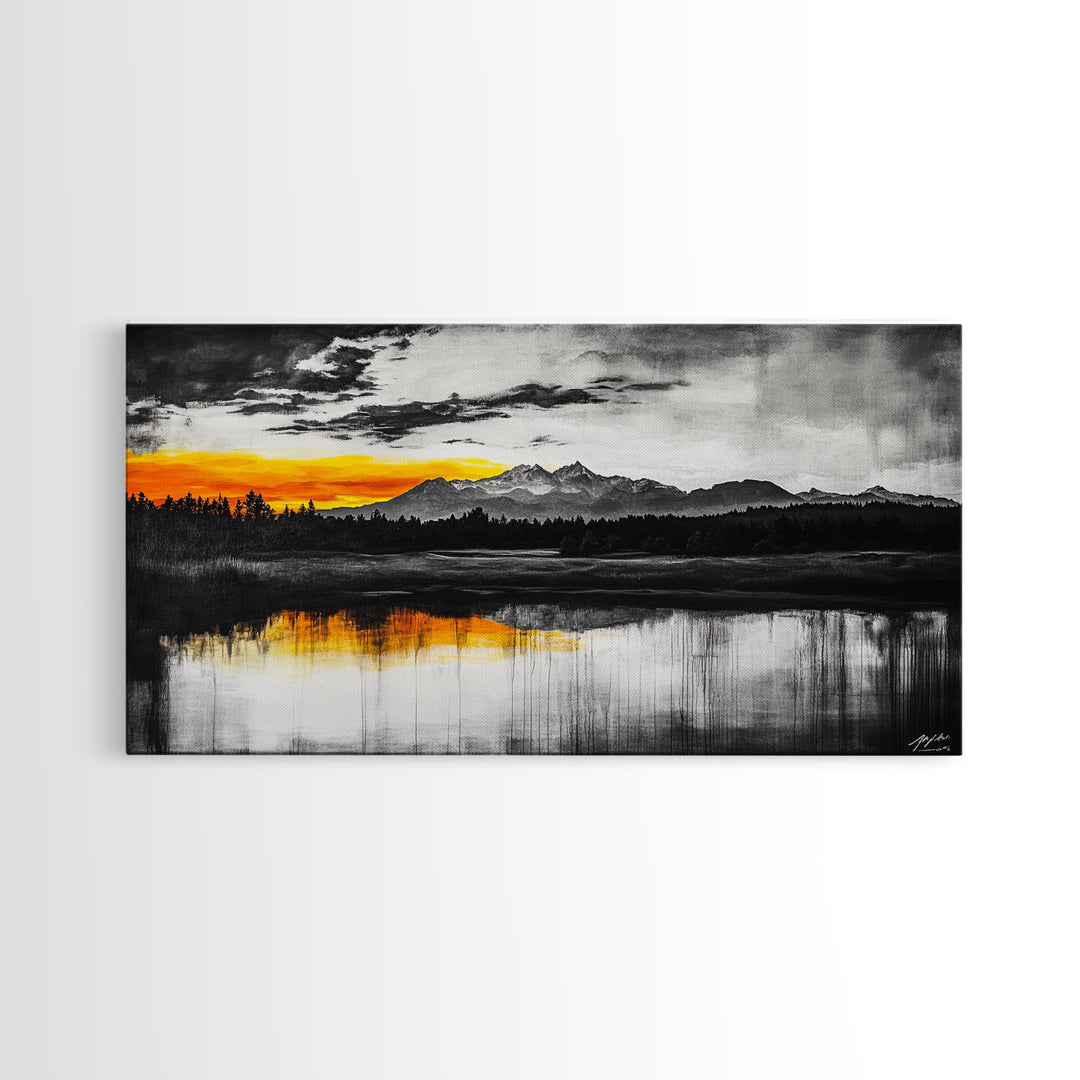 Sunset Reflection, Black and White, Framed Canvas Print, Nature Wall Art, Modern Landscape, Bold Decor, Living Room Art, Autumn Colors
